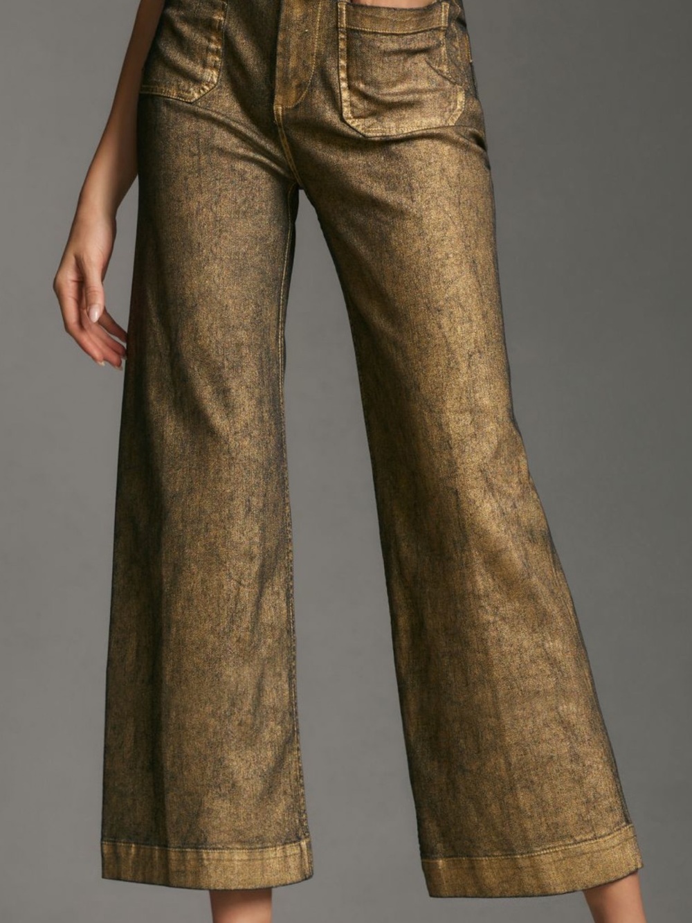 The Colette Foiled Denim Wide Leg Gold Pants